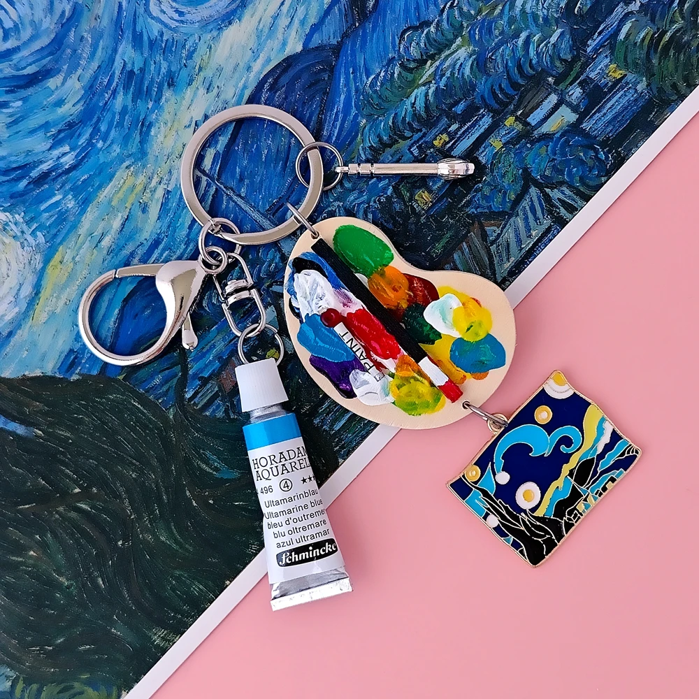 فان جوخ صورة ذاتية الموناليزا مليء بالنجوم ليلة كلاسيكية النفط اللوحة المفاتيح الرسام الفن طالب حلقة رئيسية قلادة أصلية هدية #3