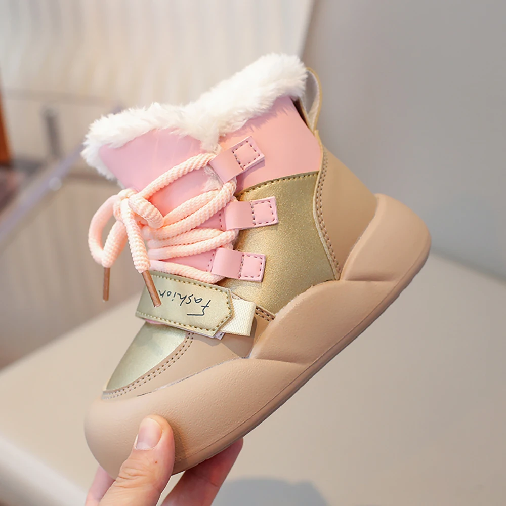 Botas de invierno de cuero PU para niños, botas de nieve de felpa para niños, zapatos de algodón impermeables, zapatos de cuero PU a la moda para niños