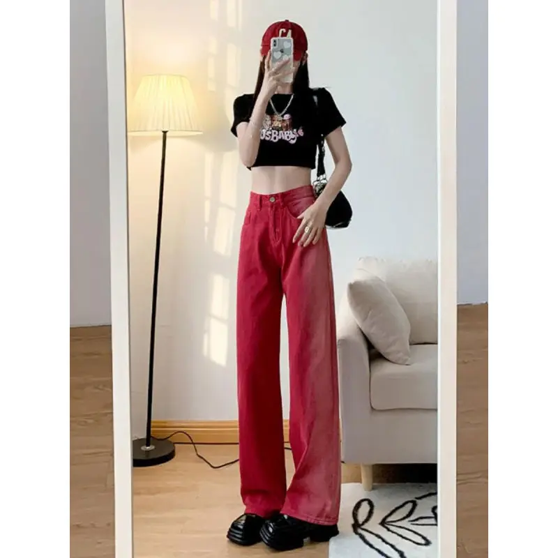 150 Petite girls Stature American Retro Gradient Drape Denim Women's High Waisted Wide Leg Straight Mop Pants XS Appear High