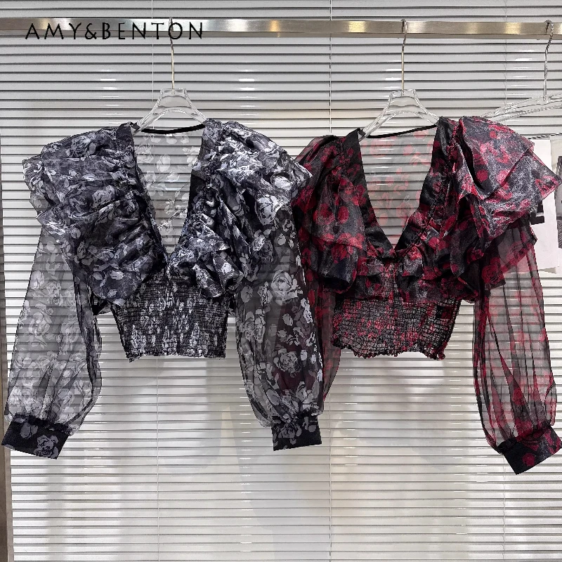 

French Design Deep V-neck Flower Pattern Women's Blouses 2026 Spring New Fashion Temperament Slimming Versatile Shirt Ladies