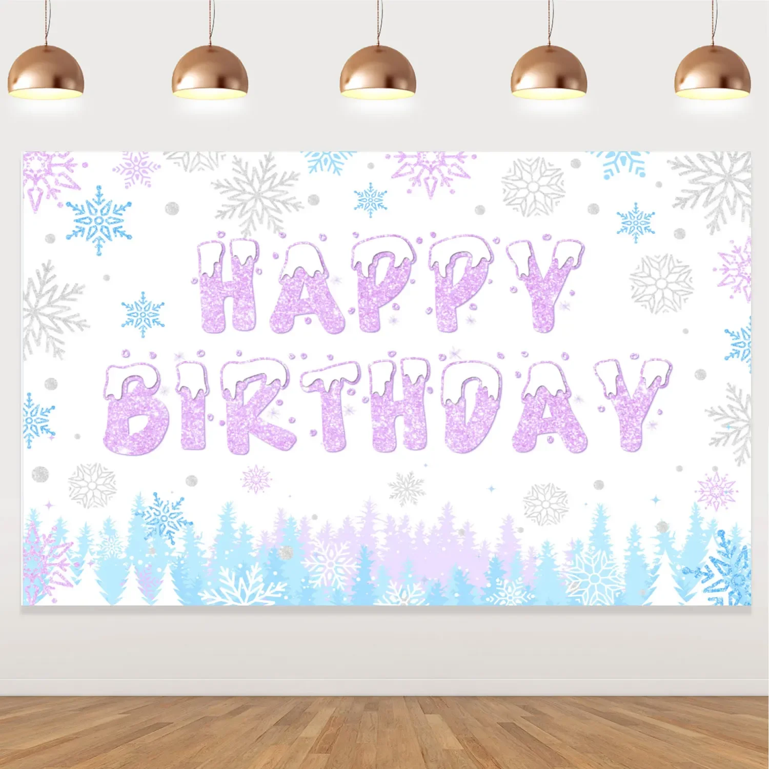 Birthday Party Decoration for Girl, Snowflake, Happy Birthday Backdrop, Purple and Silver, Photo Background Prop, Winter