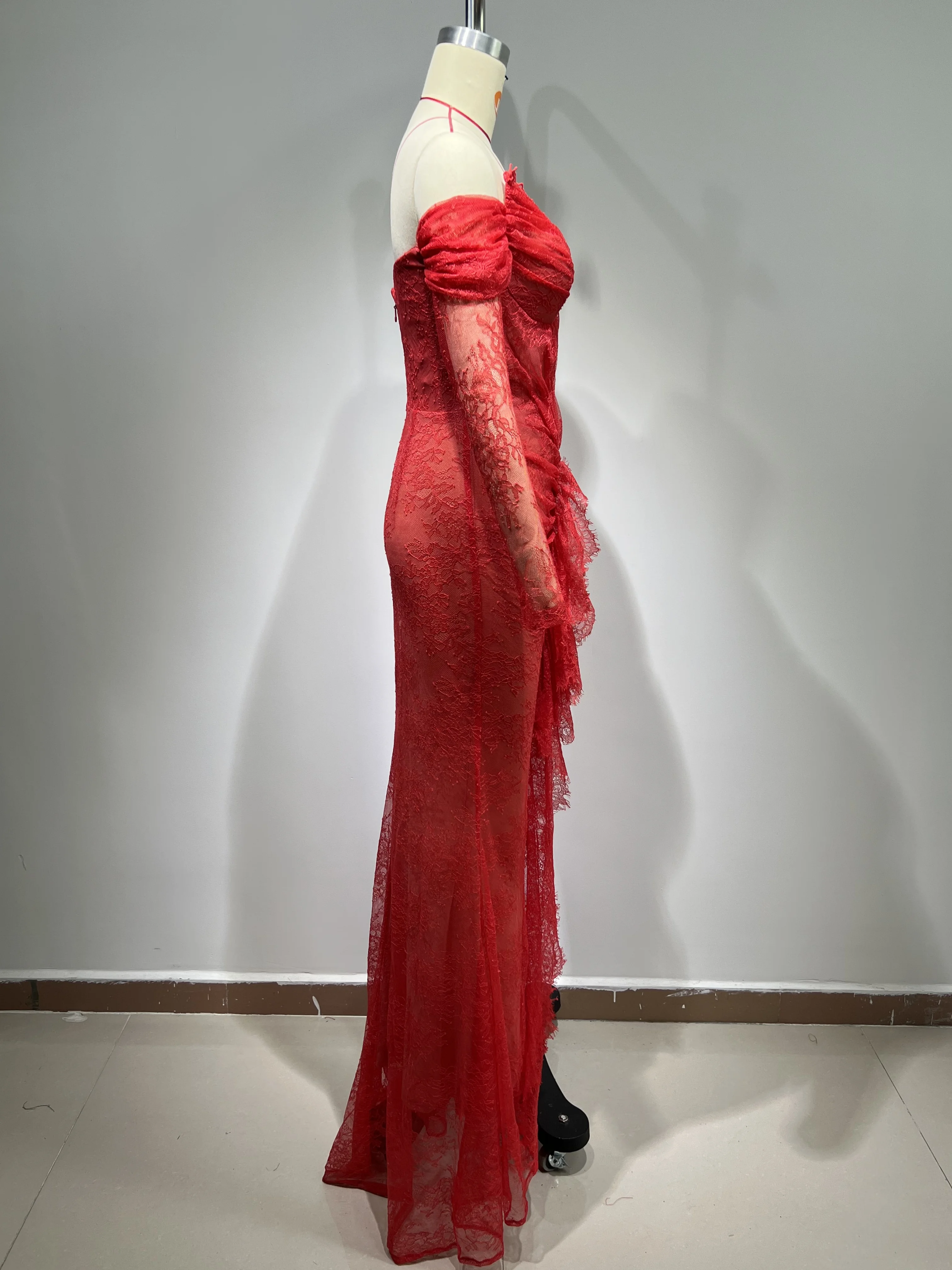 Brand New 2024 Women Luxury Celebrity Sexy Lace Gloves Red Long Gowns Dress Elegant Trumpet Evening Party Maxi Dress