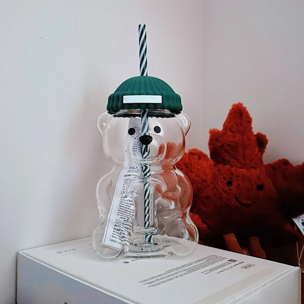 2025 New 500ML Cartoon Bear Shaped Coffee Mug Cute Bear Mug Glass Cup With Straw Transparent Creative Milk Coffee Water Cups