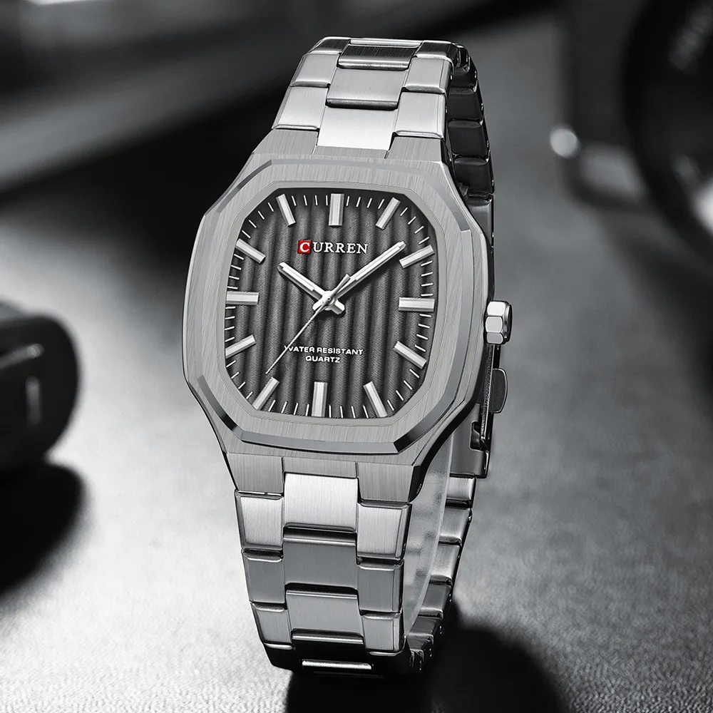 CURREN 8458 นาฬิกาสี่เหลี่ยมหน้าปัดเล็กนาฬิกาลําลองกันน้ํานาฬิกาคู่รักเรียบง่ายนาฬิกาข้อมือหน้าปัดเล็ก