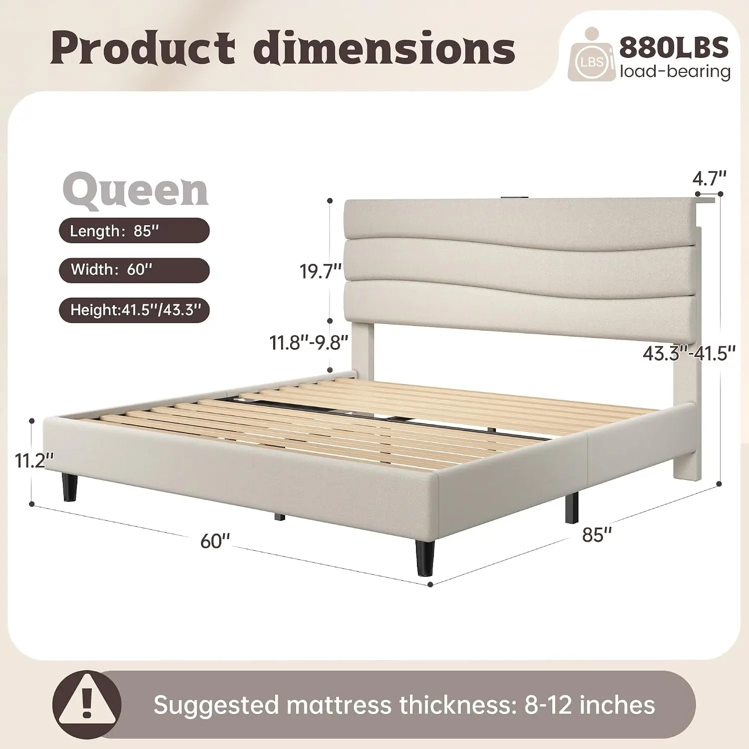 Upholstered Queen Bed Frame with Adjustable Headboard & Charging Station, USB & Type-C Ports, Wave Design, Under-bed Storage, Be