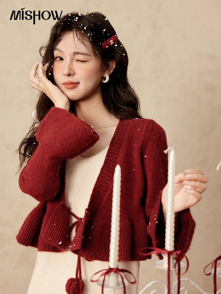 MISHOW Christmas New Year Ruffle Strap Dress Pom-Pom Lace-up Knitted Cardigan Sepertely 2024 Hem Fish Tail Dresses MXD59L2133