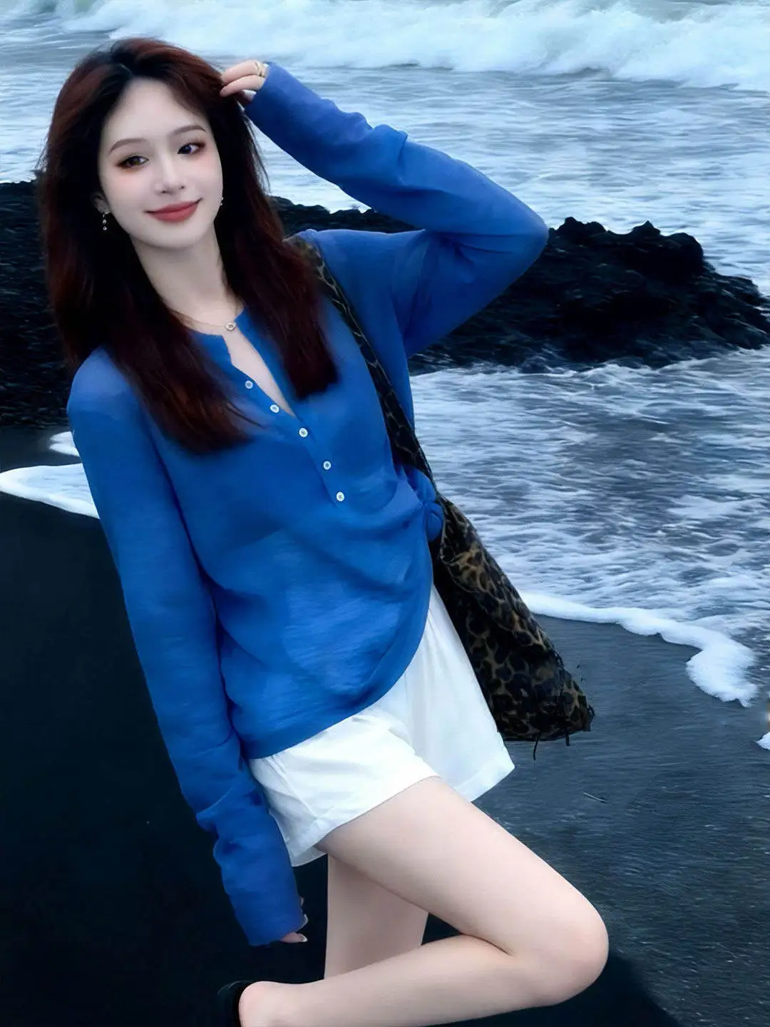 Klein Blue Long Sleeve T-Shirt Women Summer Loose Lace Beach Air Conditioning Cover up Small Size Outerwear Top Casual Style