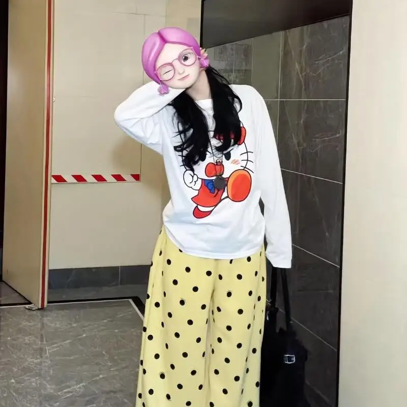 Anime Kitten Vrouwen Sweatshirt 2023 Nieuwe Cartoon Kawaii Ronde Hals Losse Comfortabele Lange Mouw Schattig Meisje T-shirt Student tops