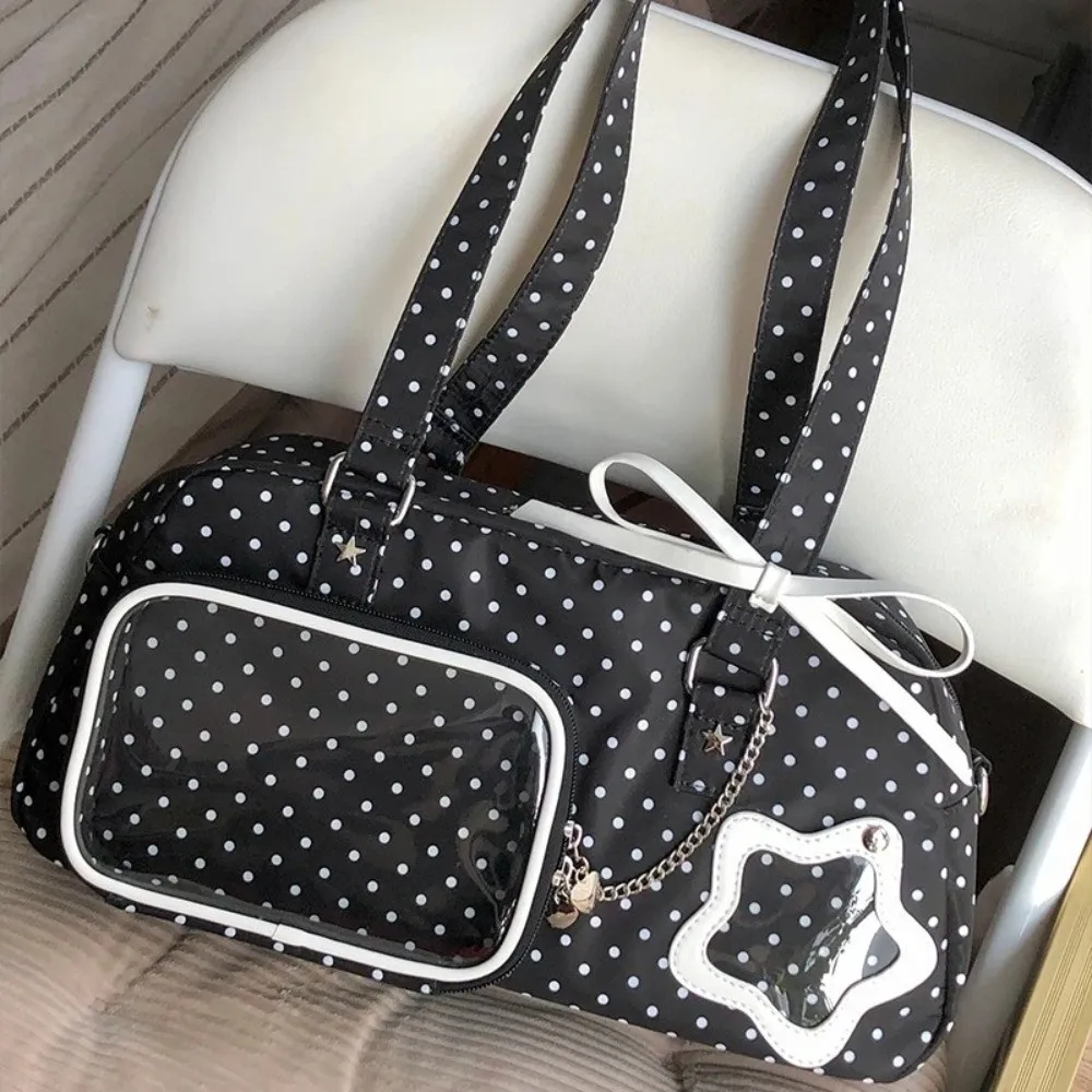 

Y2K Nylon Ita Bag Large Capacity Chain Strap Transparent Display Bag Pink Sweet Polka Dot Shoulder Bag Commuting Use