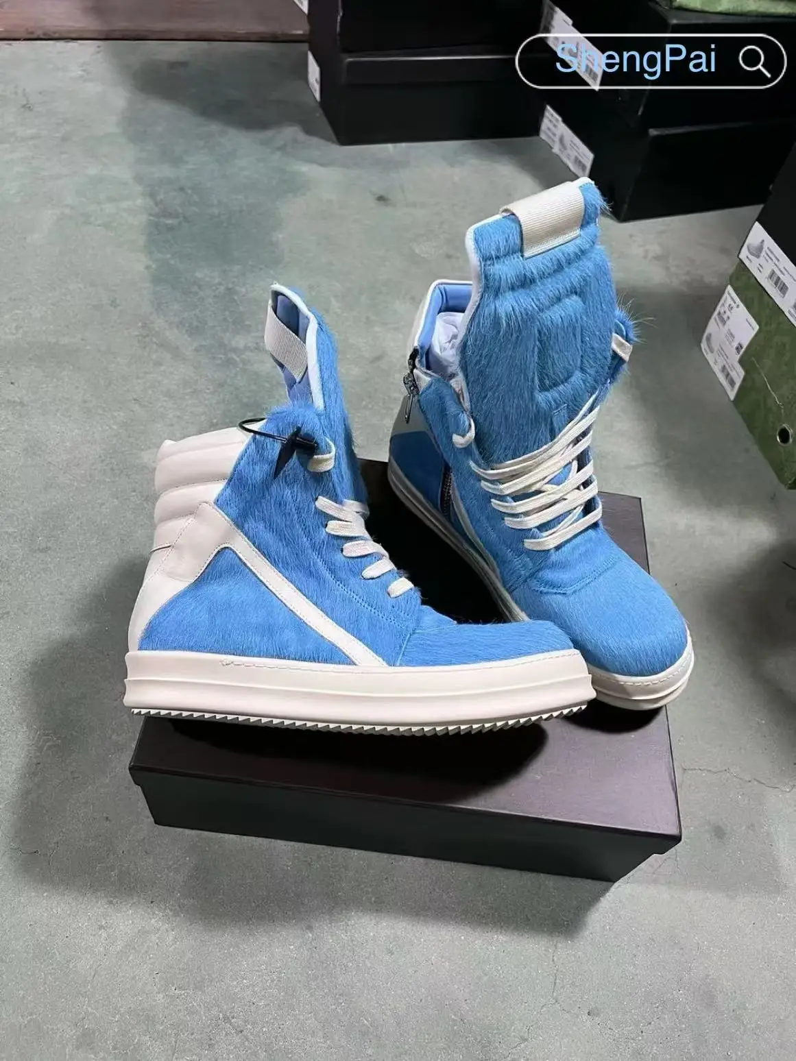 

Ricks Blue Long Horsehair Inverted Triangle Owens Luxury Brand Men's Casual Shoes Leather New Fashion Couple Shoes Women's Boots