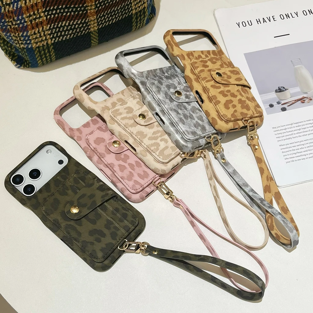 

Fashion Multi-function Leopard Print Insert Card Card Holder With Lanyard Phone Cover Case for iPhone 17 16 15 14 13 12 Pro Max