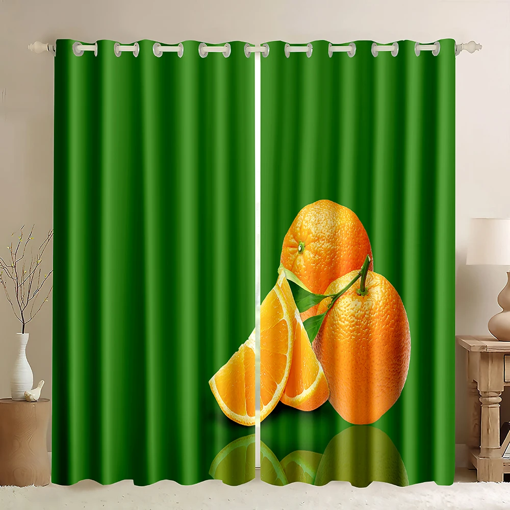 Fruits Window Curtain,Fruit Orange Green Background,Lemon Kiwi Print for Living Room Bedroom Rod Pocket Window Blackout Curtains