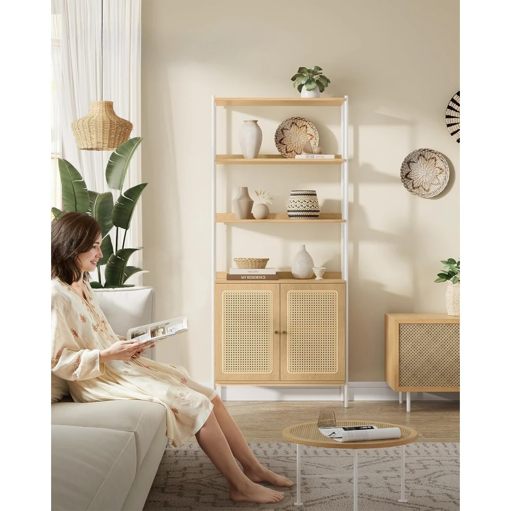 6-Tier Bookcase, Bookshelf with Rattan-Like Door, Boho Style, Freestanding 30.1-Inch Wide Storage Shelf, Metal Frame