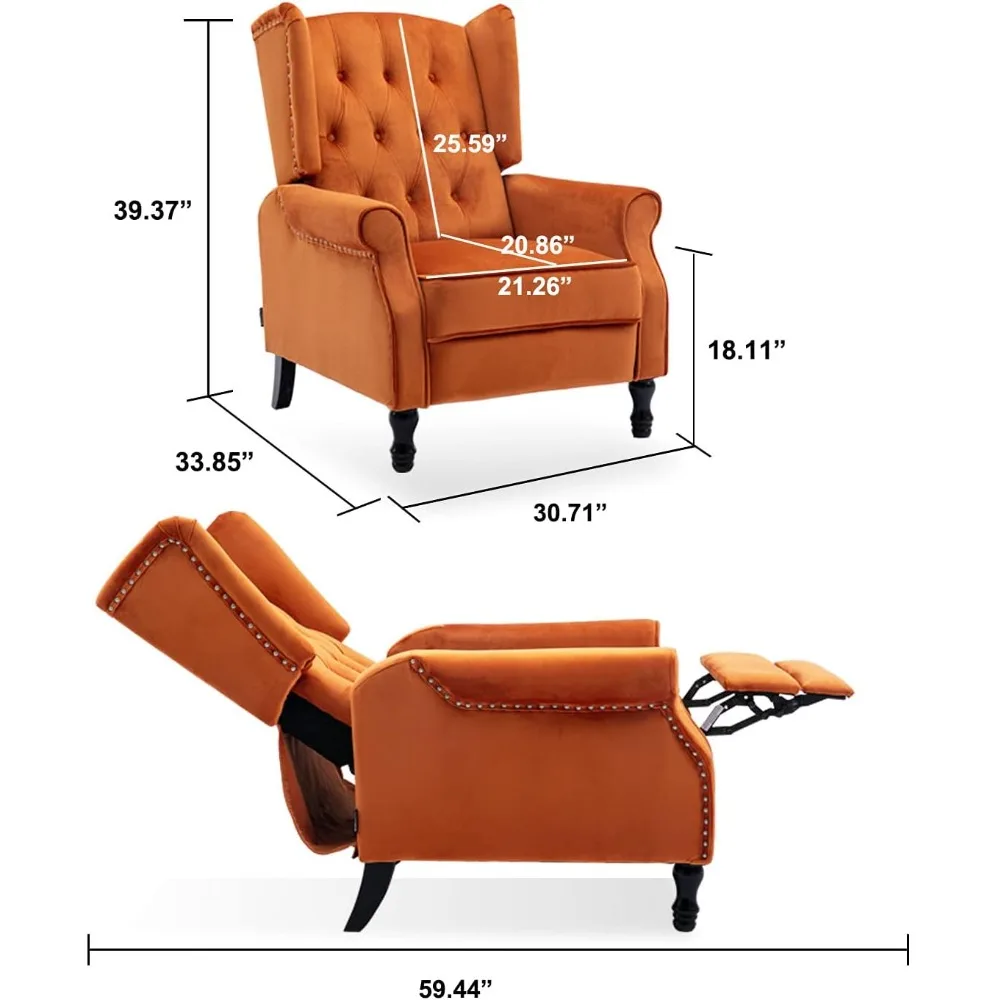 Velvet Accent Chair, Push Back Recliner Chair, Wingback Arm Chair for Living Room/Bedroom/Home Theater/Reception Area, Caramel