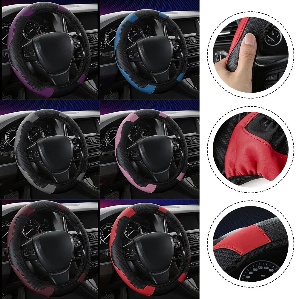 Enhanced grip steering wheel cover made with stretch PU leather and carbon fiber motif for improved driving safety and comfort