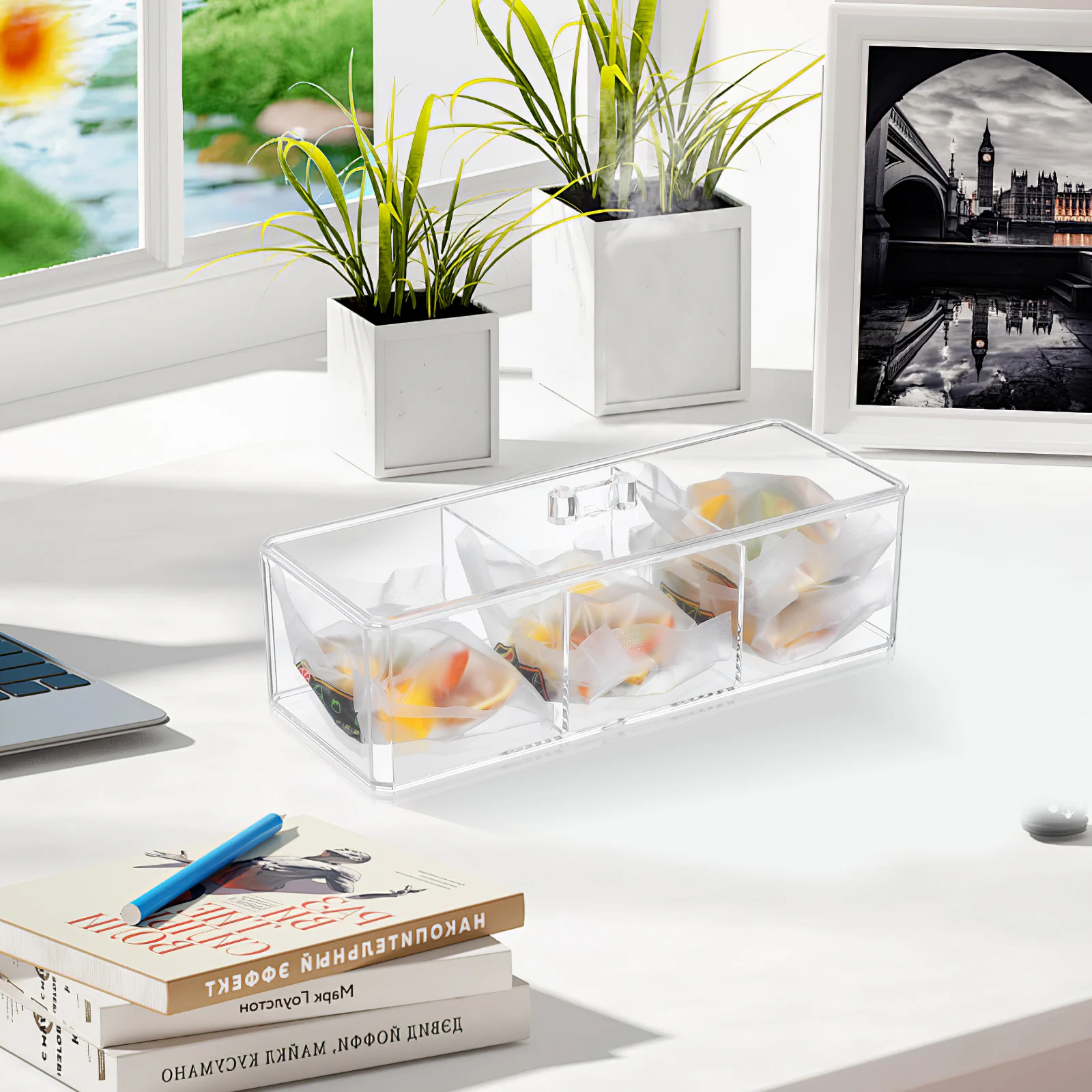 

Clear Tea Bag Storage Box Organizer For Coffee Sugar Condiments Divided Space-Saving Desktop Storage Chest Office Home Kitchen