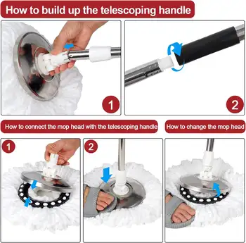 Sady mopů s otočným 360° systémem ždímání ve 3 mikrovláknových hlavicích, koš z nerezové oceli, prodloužená rukojeť 61 6 nejlepší prodej vesmírný mop - №2