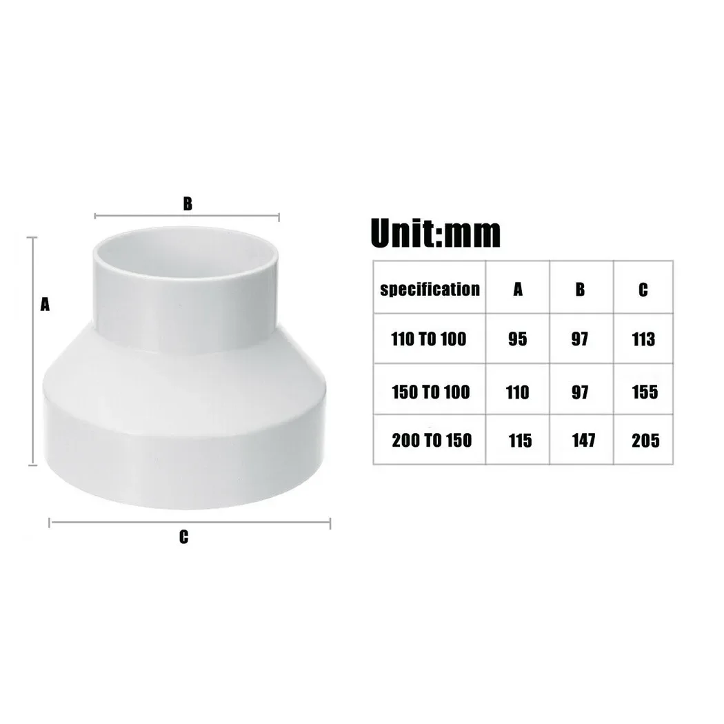 Adaptador reductor de tubo de ventilación, accesorios de tubería ABS para sistemas de ventilación, piezas de ventilación de 110 a 100/150 a 100/200mm