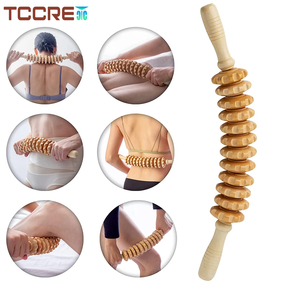 

12 Wheel Curved Wood Therapy Massage Roller for Waist Thigh Body Shaping, Lymphatic Drainage, Cellulite Reduction,Muscle Tension