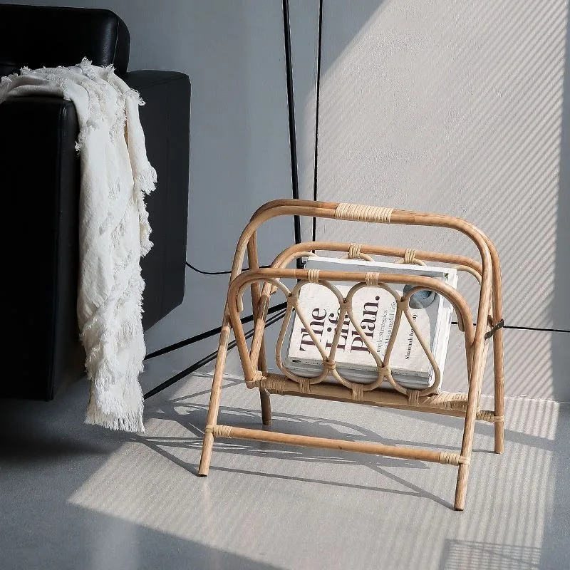 

Foldable Rattan Mag Rack Boho Floor Stand Vintage Bookshelf Decor 2-tier Book Shelf for Children Magazine Holder Book Shelf