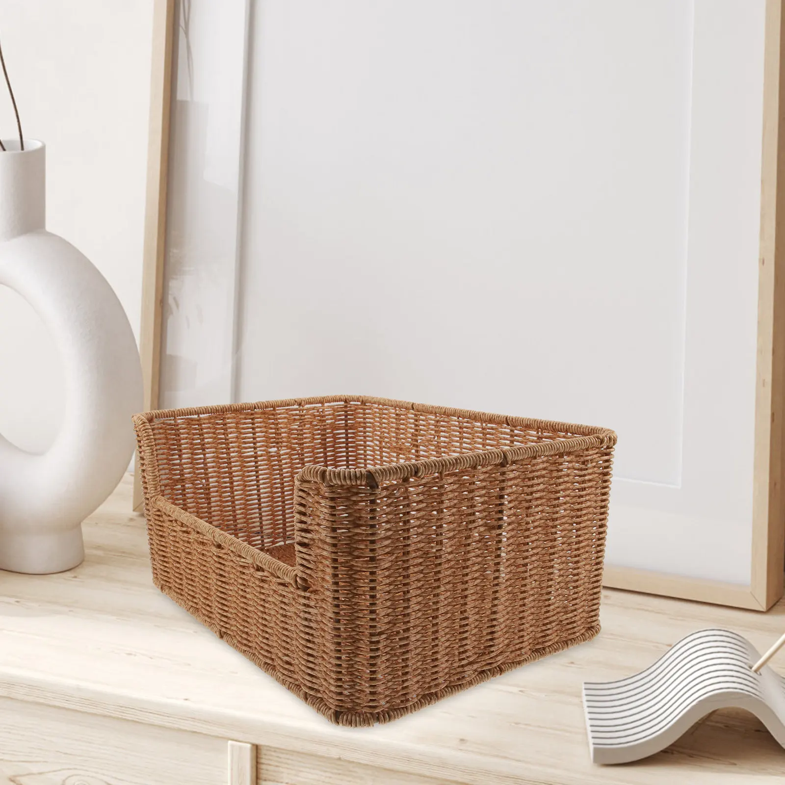 

Rattan Woven Basket Heavy Duty Imitation Rattan Storage Basket for Tabletop Desktop Book Organizer Sundry Holder Natural Home