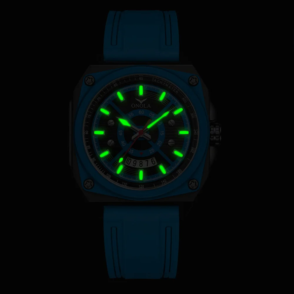 Onola New Square Watch Men Business Fashion Blue Rubber Type Wristwatch High Quality Luminous Waterproof Orologio Uomo Dropship