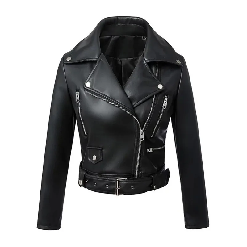 

Spring Autumn Women Moto Biker Black Pu Fuax Leather Jacket Streetwear Female Belt Zipper Slim Fit Short Coat Outwear