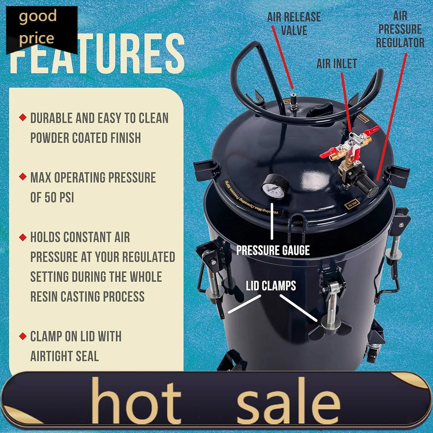 

10-галлонная (38-литровая) высокопрочная стальная емкость для литья смол под давлением с крышкой на защелках, колесиками, регулятором и манометром