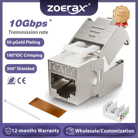 ZoeRax RJ45 CAT8 CAT7 CAT6A Keystone Jack Network Shielded Tool-Free Coupler 180 Degree Type Zinc Alloy Module Adapter Coupler