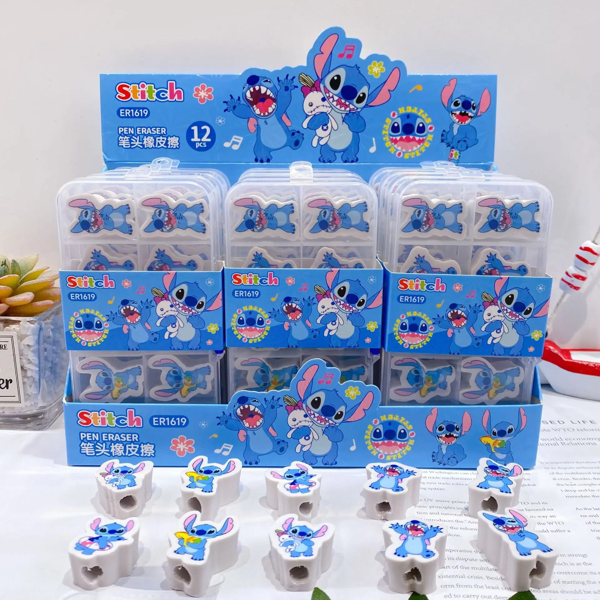 디즈니 1박스 스티치 모양 펜헤드 지우개 세트, 잘 지워짐, 학생 상, 연필 지우개 선물 상자, 작은 선물