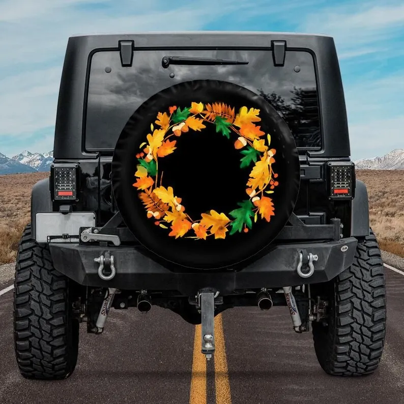 Autumn Wreath Spare Tire Cover, Backup Camera option, Autumn Leaves Spare Tire Cover, Autumn Car Accessories for jeeps, Rear cam