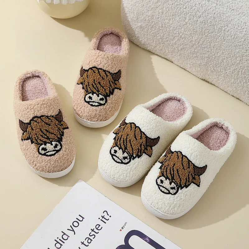 Winter Women\'s Slippers Cute and Interesting Cartoon Cow Pattern Indoor Warm Comfort Home Bedroom Soft Causal  Plush Shoes