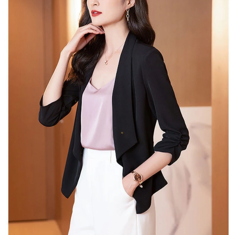 2024 New Spring and Autumn Commuting Minimalist Versatile Chiffon Three Quarter Slim Fit Solid Color Lapel Women\'s Coat Top