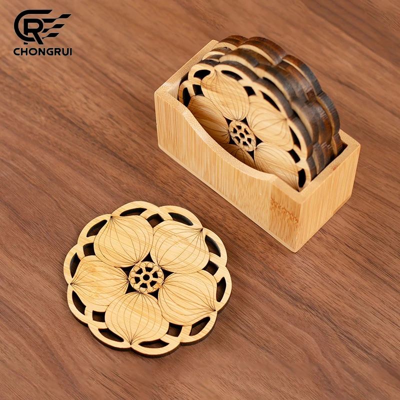 Bamboo Tea Coasters Set Hollow Design Heat Resistant Non Slip Cup Mats with Storage Base Tea Ceremony Accessories for Home Table