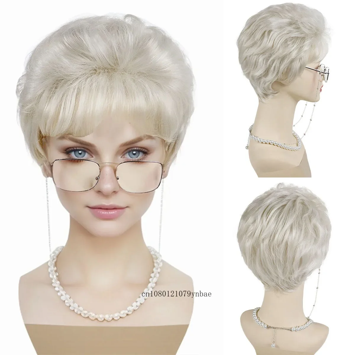 Synthetic Hair White Old Lady Costume Set Grandmother Wig,Glasses,Eyeglass Chain,Necklace (4 Pieces) Daily Cosplay Women Wigs