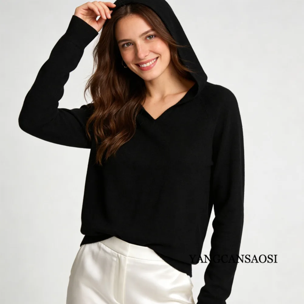 Pull tricoté Simple en soie de mûrier 64% naturelle, haut polyvalent à capuche de couleur unie pour femmes, vêtements de printemps 2026