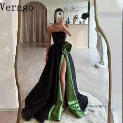 Verngo Green Satin Prom Gown Strapless A Linha Vestido de Noite Mulheres Side Slit Party Dress 3D Flores Prom Dress Personalizado