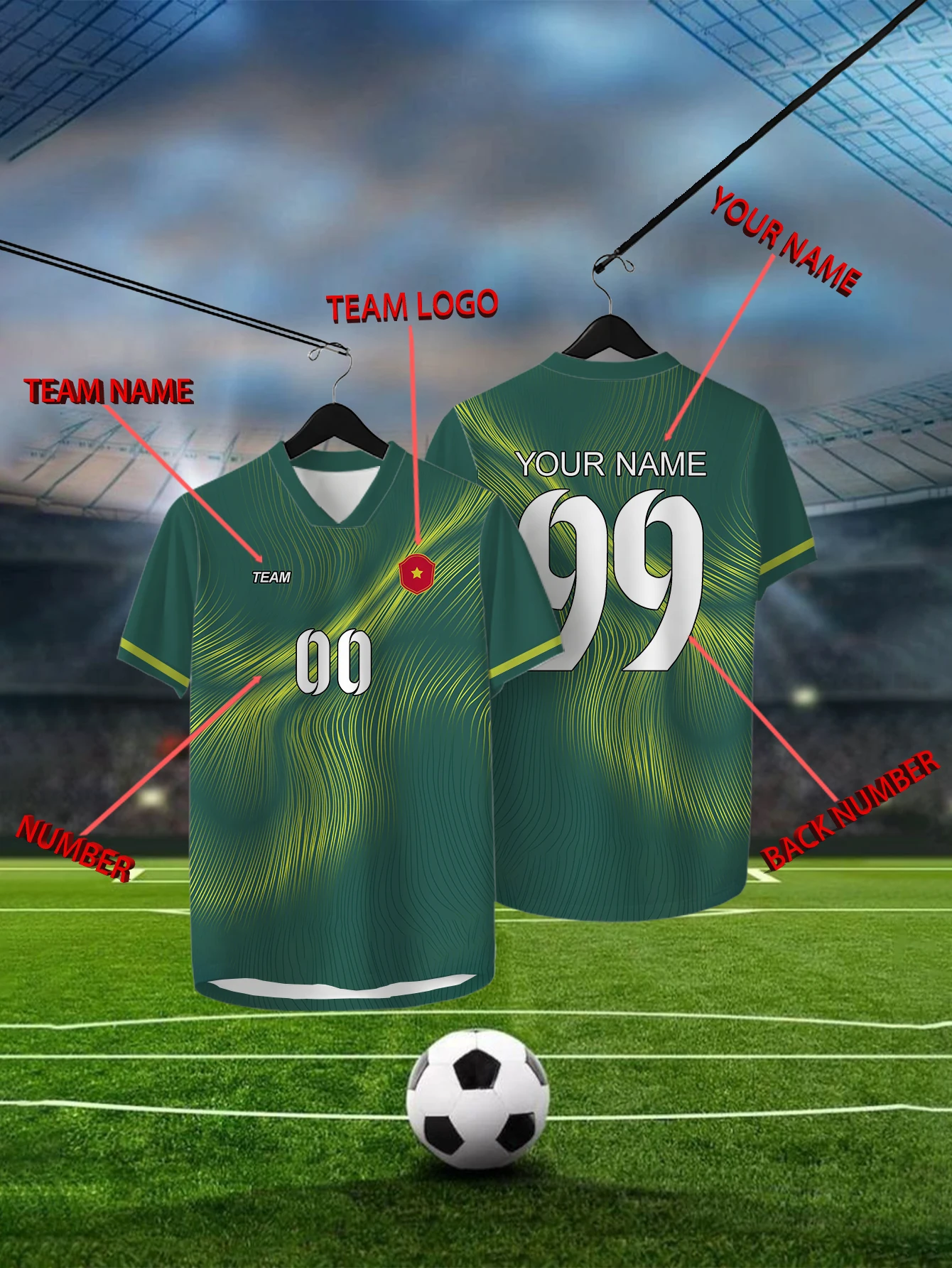 

Customized Geometric Green Short Sleeved Shirt with Team Name, Emblem, Name and Number, Outdoor Sports Short Sleeved T-shirt