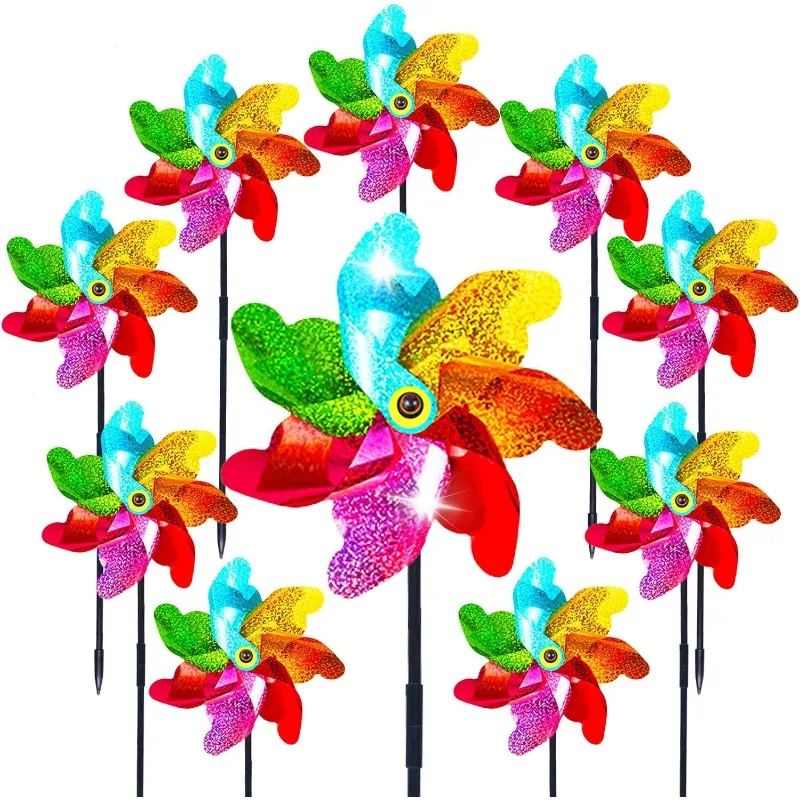 10Pcs Silver Laser Reflective Wind Spinner Thickened Large Windmill Bird Repellent Wind Rotor for Orchard Farm