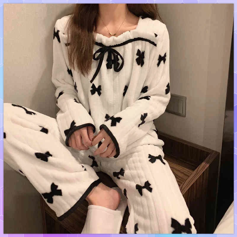 

Coral Fleece Sleepwear Women's Flannel Pajamas With Pants Two-Piece Set Autumn Winter Thick Warm Sweet Long Sleeve Top Nightgown