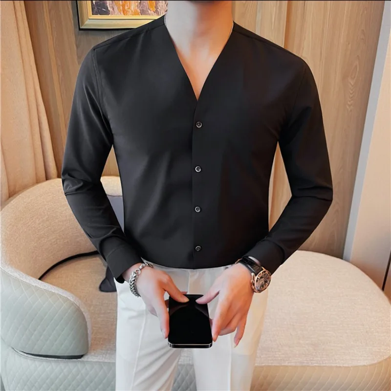 Solid Color Scarless Elastic Shirt Men Fashion V-neck Slim Casual Business Dress Shirts Social Party Tuxedo Blouse Men Clothing