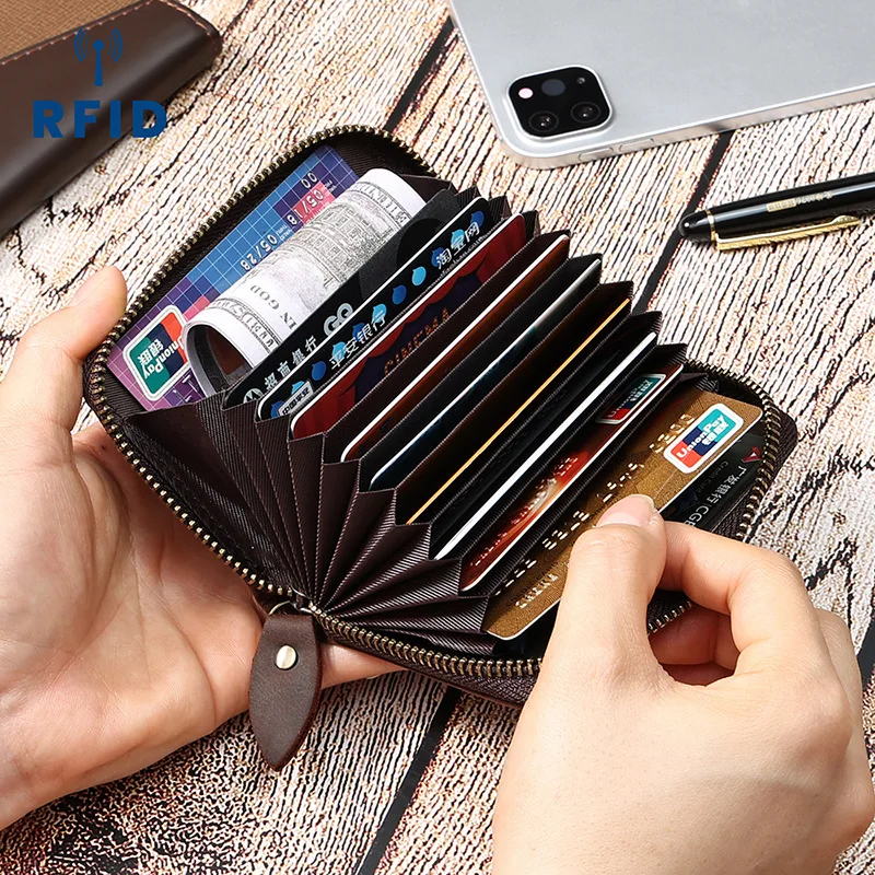 Crazy Horse Leather RFID Antimagnetic Card Case Large Capacity Card Position File Holder Card Clamp Multiple Card Slots Genuine