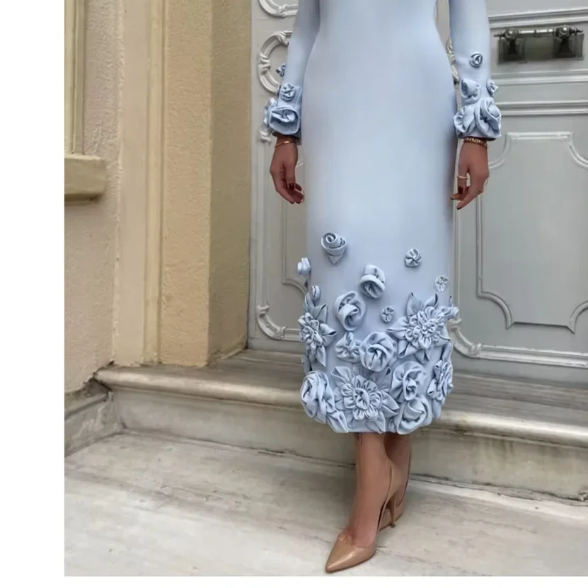 Customized Long Sleeves Evening Dresses Pleat Flower Straight O-Neck Midi Dresses Sizes Available Cocktail Dresses Unisex