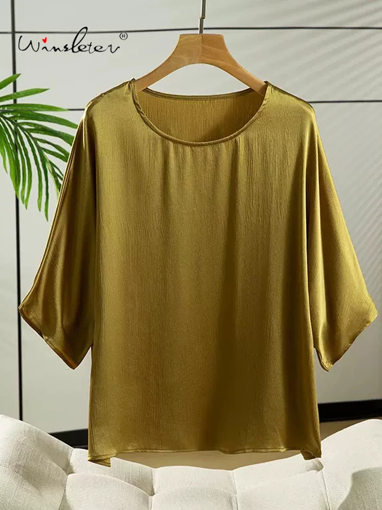 

Winsleter, 100%Real Silk Elegant T-Shirt, Woman Batwing Sleeve O Neck Solid, Vintage OL Loose Tops, 2024 Summer Fall T47312QC