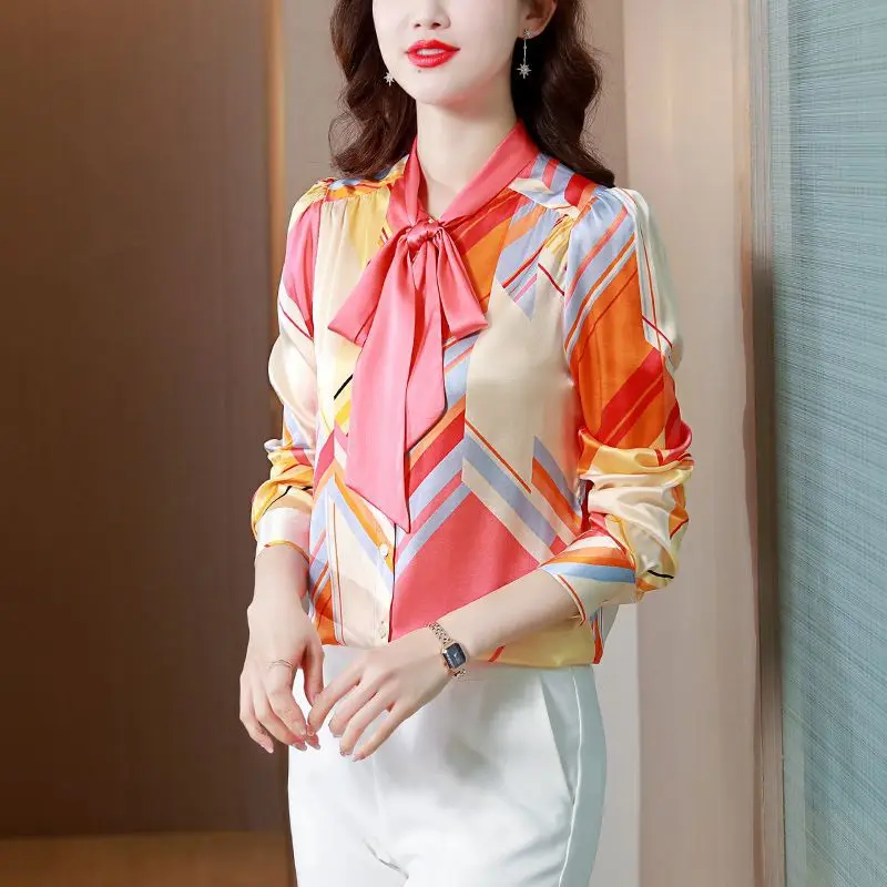 FANIECES Elegant Bow Tie Satin Women Shirts Luxury Colorful Print Spring Autumn Long Sleeve Blouses Tops Office Ladies Blusas