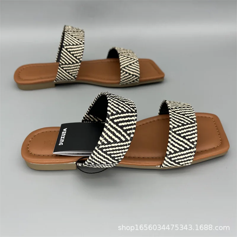 Foreign Trade Rattan Grass Woven Women's Shoes 2023 European and American Flat Sandals Wearing Casual Sandals and Slippers