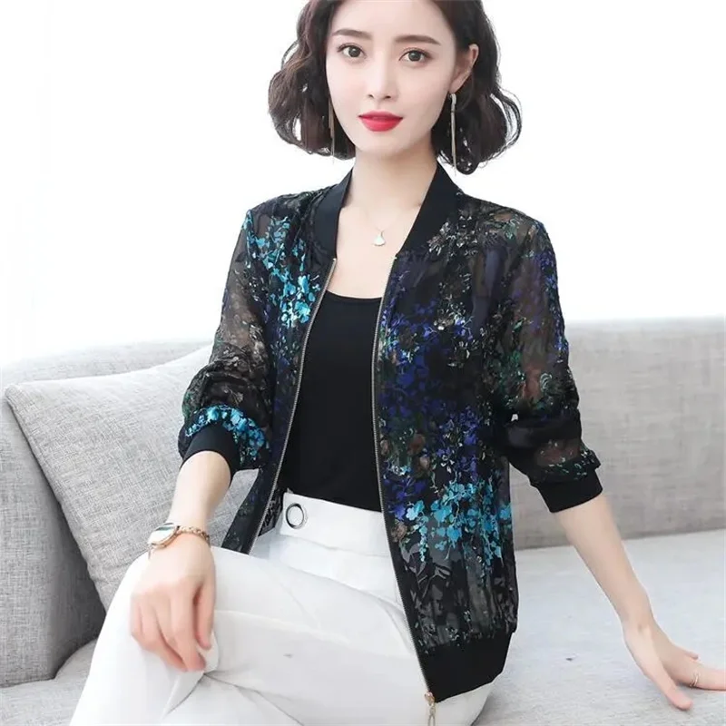 Fashio Size 6XL Chiffon Printed Baseball Uniform Women's 2022Summer New Short  Jacket Sunscreen TopShort Thin Women's Shirt Coat