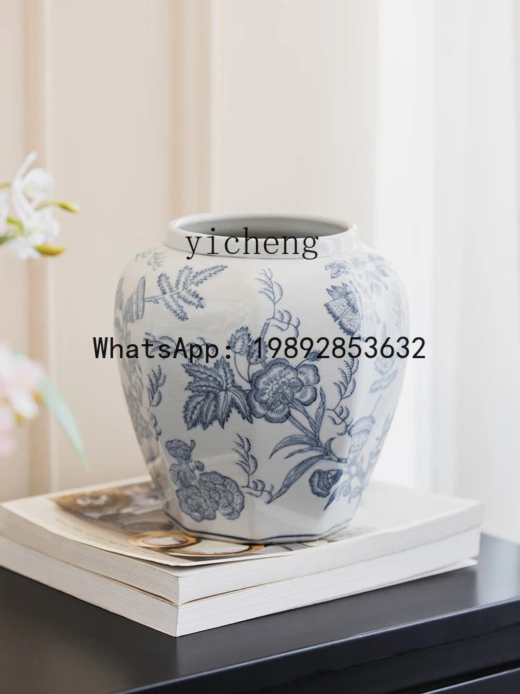 Chinese Retro Ceramic Flower Arrangement Wide Mouth Vase Light Luxury Living Room Dining Table Decoration Ornament
