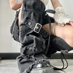 2022 Harajuku Punk Denim Leg Warmer Socks Women Gothic Chic Solid Casual Bandage Foot Covers New Y2k Aesthetic Grunge Streetwear