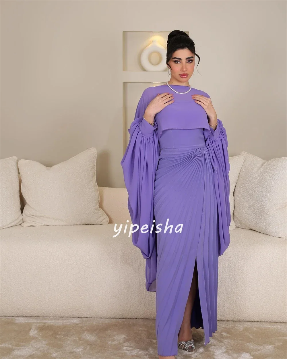 Customized Chiffon Ruched Christmas A-line High Collar Bespoke Occasion Gown Midi Dresses